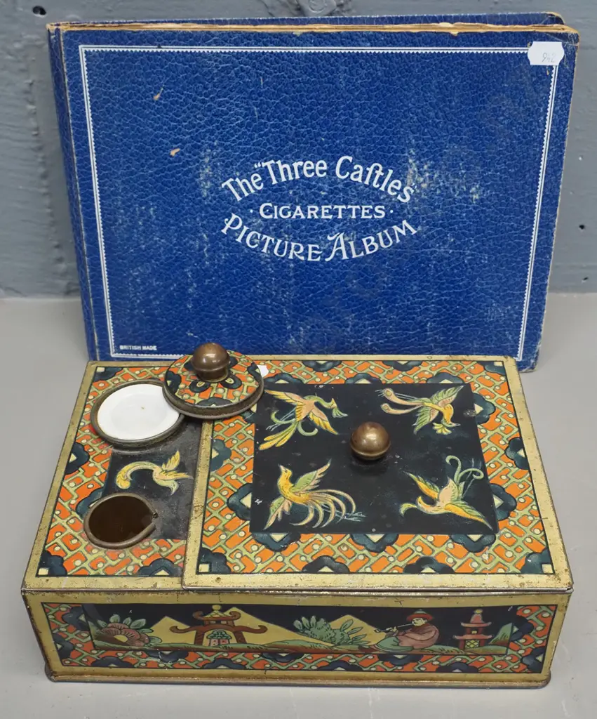 Three Castles cigarette card album and numerous loose cards in a vintage printed tin writing box Image 1++