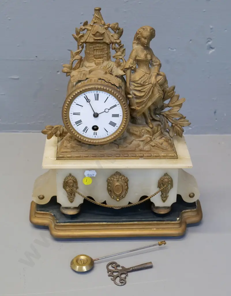 restorer's ornate ormolu and marble mantel clock on painted wooden base - no bezel, loose figure, not working H360 W280 Image 1++