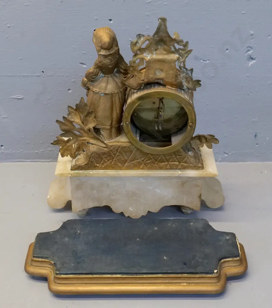 restorer's ornate ormolu and marble mantel clock on painted wooden base - no bezel, loose figure, not working H360 W280 Image 1++