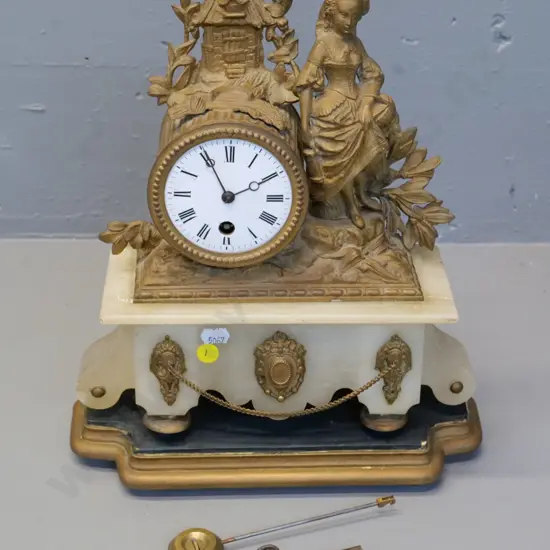 restorer's ornate ormolu and marble mantel clock on painted wooden base - no bezel, loose figure, not working H360 W280