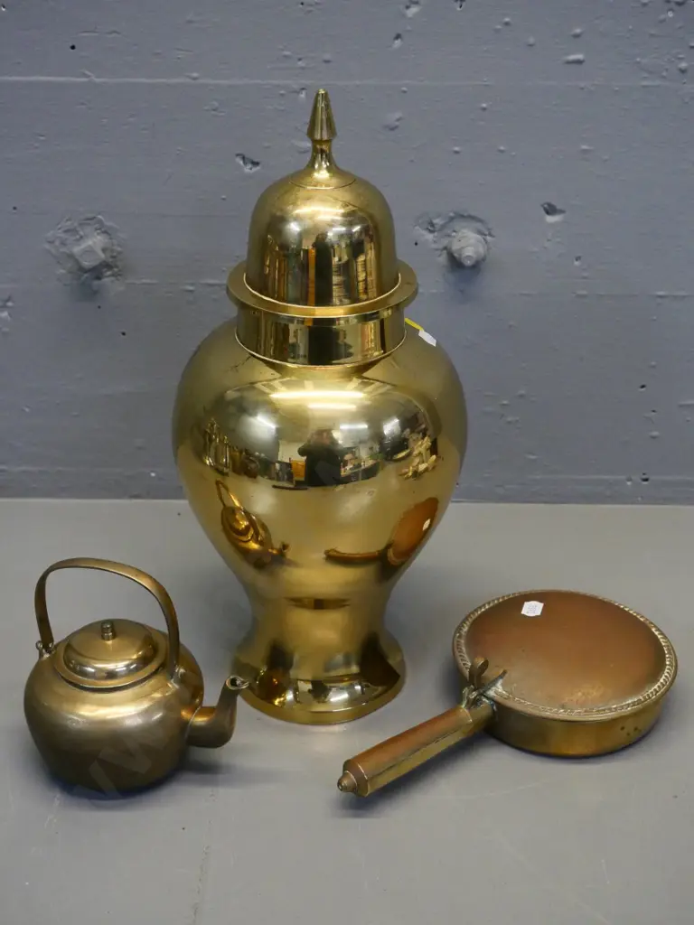 3 brass items - large lidded temple jar H360, small teapot, small ornamental warming pan w/some pitting Image 1++