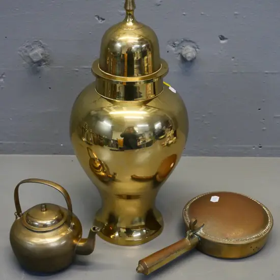 3 brass items - large lidded temple jar H360, small teapot, small ornamental warming pan w/some pitting