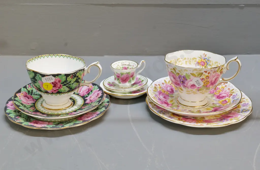 3 Royal Albert trios - Needlepoint and Serena and miniature November Chrysanthemum Image 1++