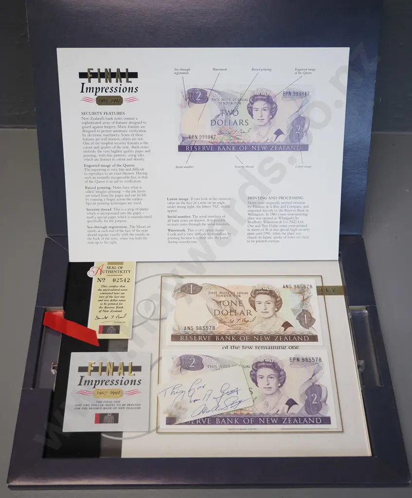 New Zealand uncirculated coin/note sets -  1967 Decimal, $1 and $2 "Final Impressions" 1967-91 set, 1970 & 1985 dollars Image 1++