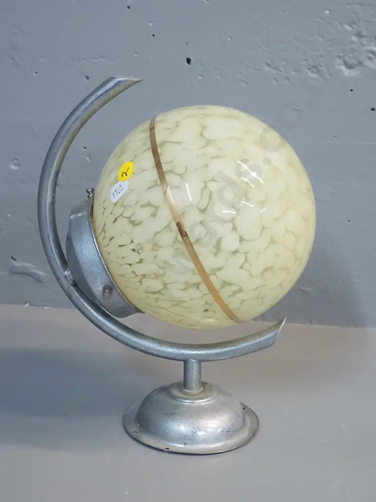 deco chrome wall scone light fitting w/globe shaped mottled glass shade with gilt band; pitting to chrome. Globe D-160 Image 1++
