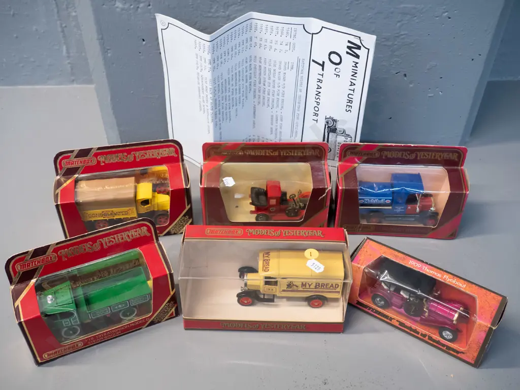 6 die-cast model vintage vehicles - Matchbox Models of Yesteryear - delivery vans & automobiles w/catalog sheets Image 1++