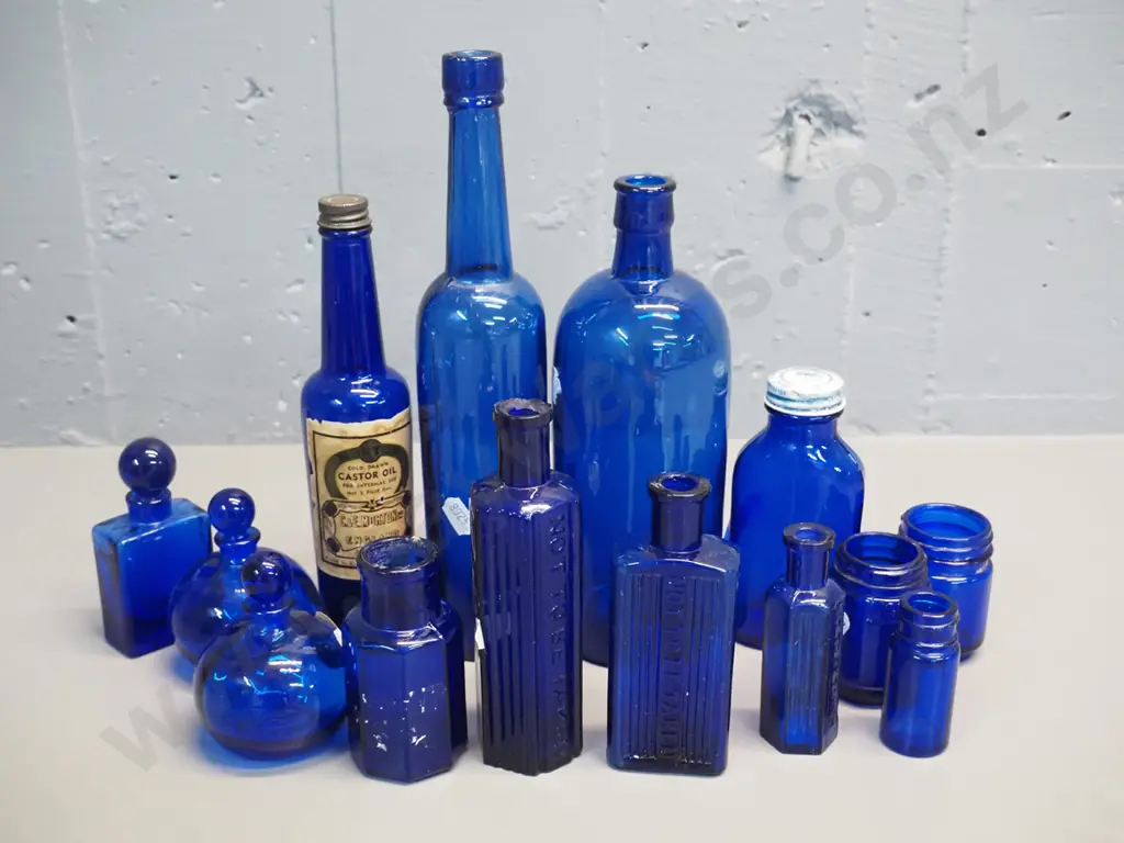 assorted blue bottles - one marked strychnine, 3 "Not to be taken"- tallest is H-270 Image 1++