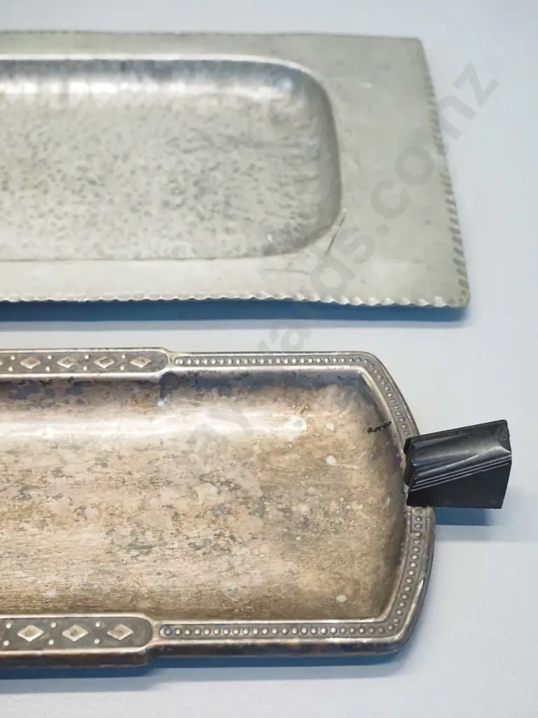 deco style plated small serving tray with bakelite handles and a hand beaten pewter tray L310 W0130 Image 1++