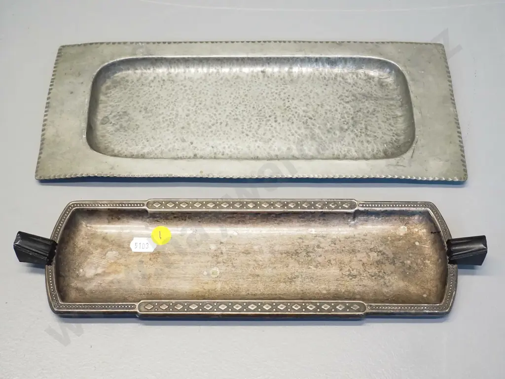 deco style plated small serving tray with bakelite handles and a hand beaten pewter tray L310 W0130 Image 1++