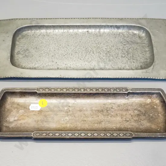 deco style plated small serving tray with bakelite handles and a hand beaten pewter tray L310 W0130