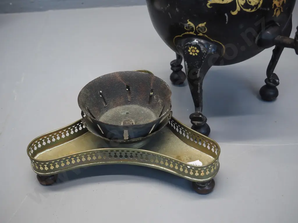 European (French?) antique samovar w/hand painted decoration, pierced brass tray - small dent & wear to finish H470 Image 1++