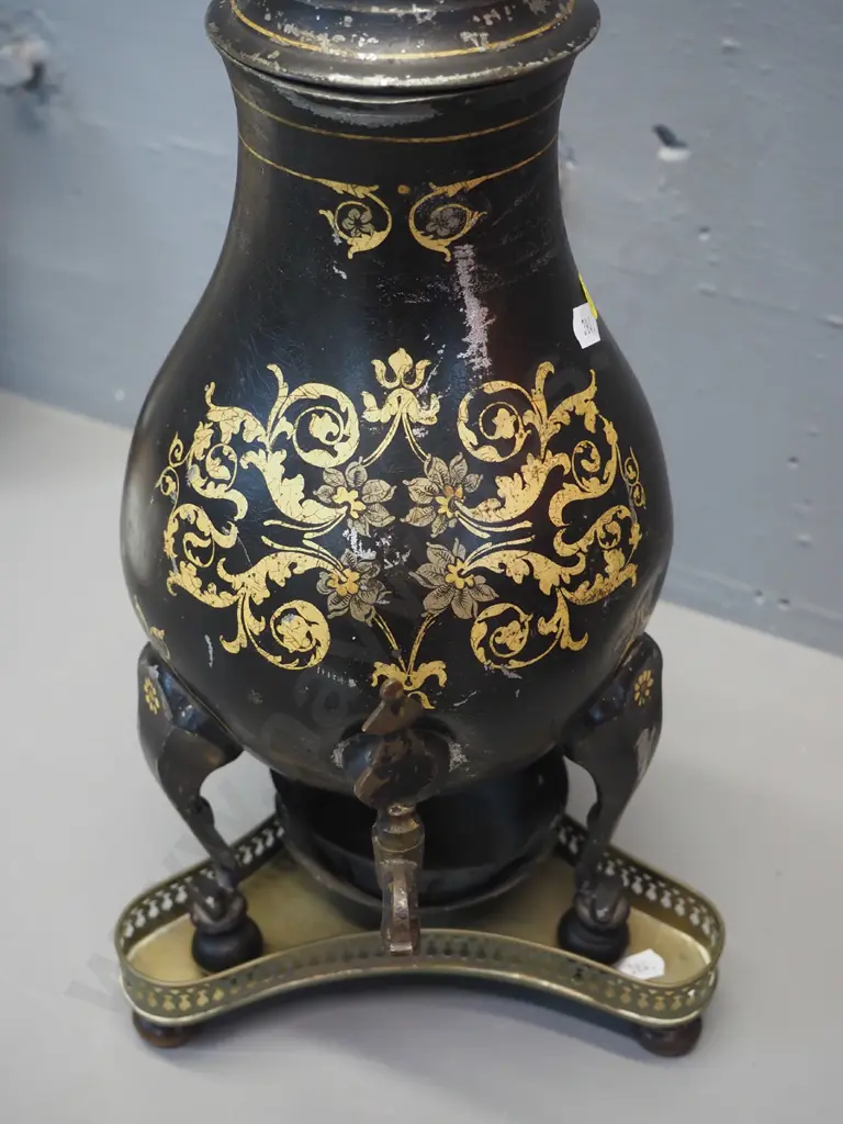 European (French?) antique samovar w/hand painted decoration, pierced brass tray - small dent & wear to finish H470 Image 1++