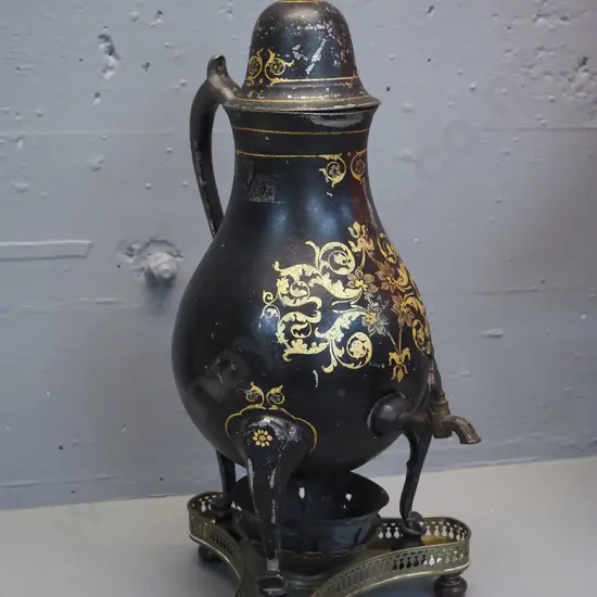 European (French?) antique samovar w/hand painted decoration, pierced brass tray - small dent & wear to finish H470