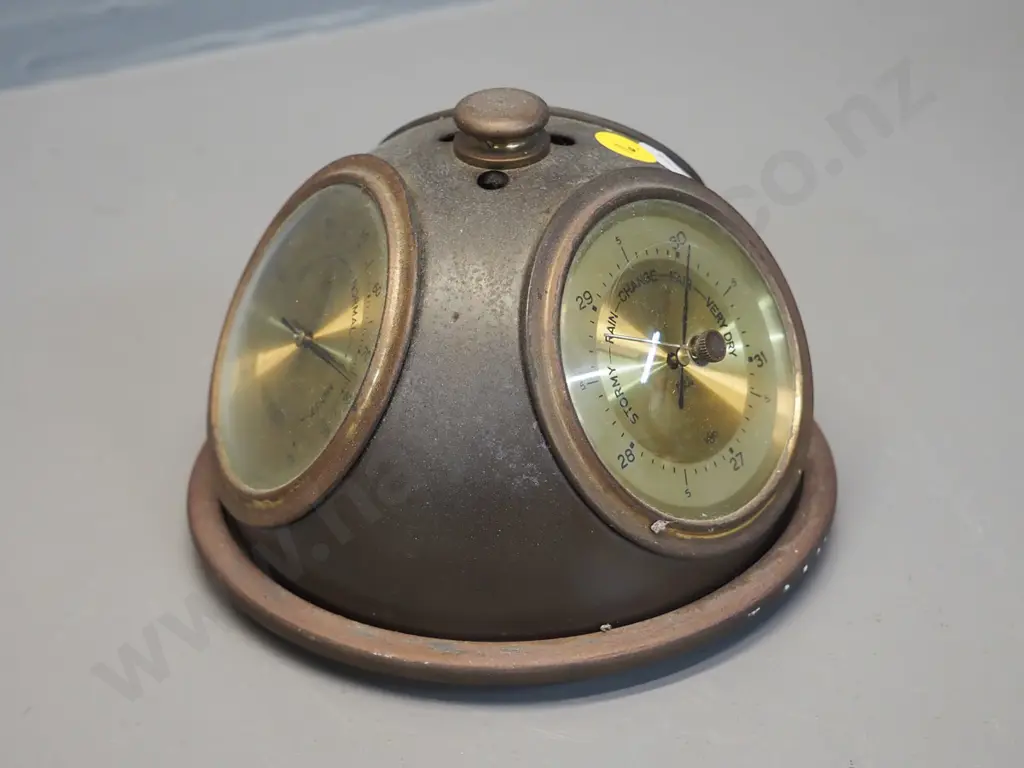 rotating 3-bezel desktop barometer / hygrometer / thermometer - some pitting / age patina H100 D140 Image 1++