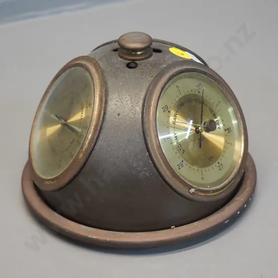 rotating 3-bezel desktop barometer / hygrometer / thermometer - some pitting / age patina H100 D140