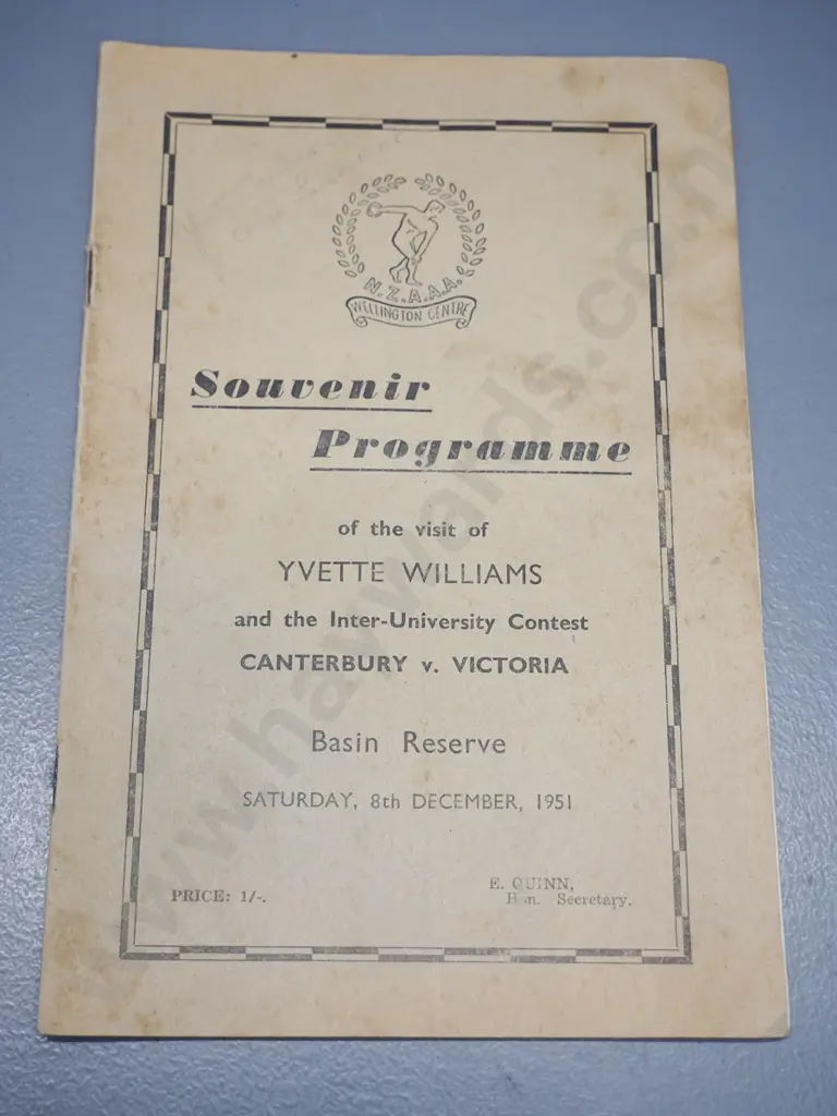 1951 Inter-University Canterbury-Victoria sports meet souvenir booklet, signed by Yvette Williams on cover, some foxing Image 1++