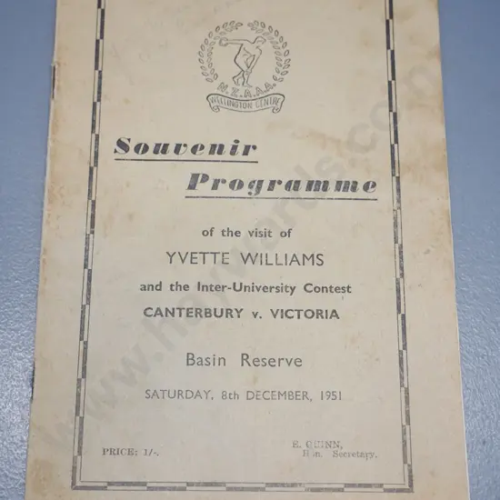 1951 Inter-University Canterbury-Victoria sports meet souvenir booklet, signed by Yvette Williams on cover, some foxing