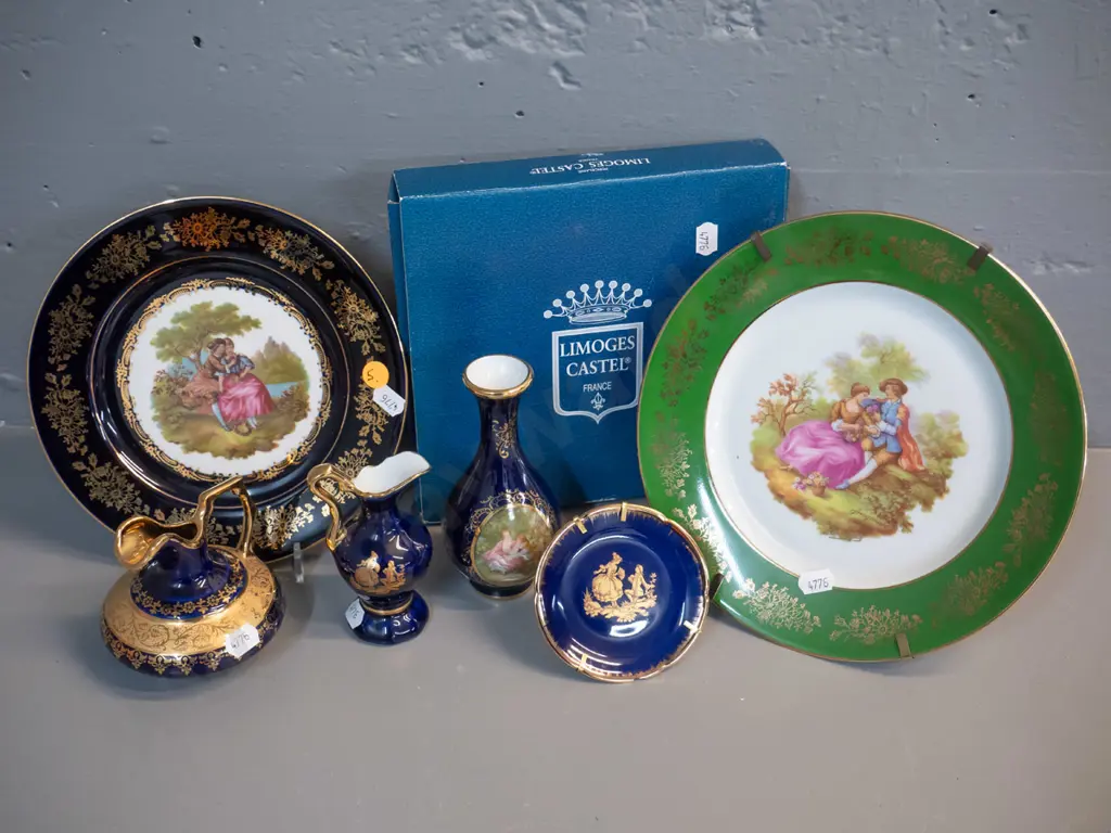 collection of Limoges items - large & small display plates, 2 jugs and vase. Larger plate D-220, chip to smaller plate Image 1++
