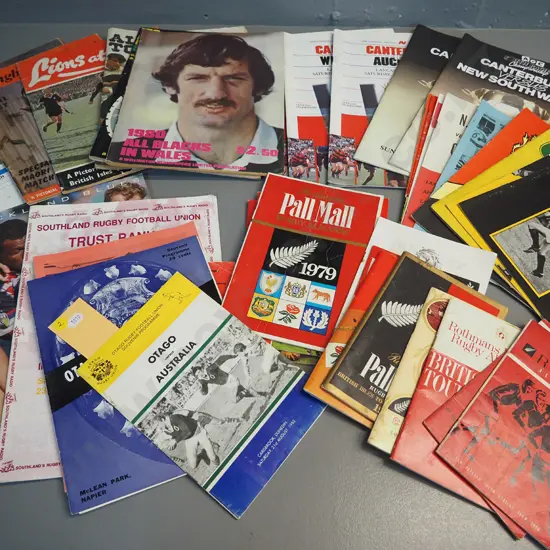 large assortment of rugby programs - All Blacks, Lions, Springbok tour, etc - most are 1960s and 70s, latest 1987