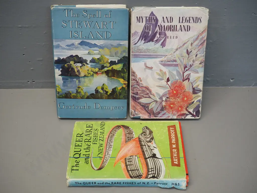 3 NZ books - The Queer and Rare Fishes of New Zealand, 1960, AW Parrot, Stewart Island, Myths & Legends of Maoriland Image 1++