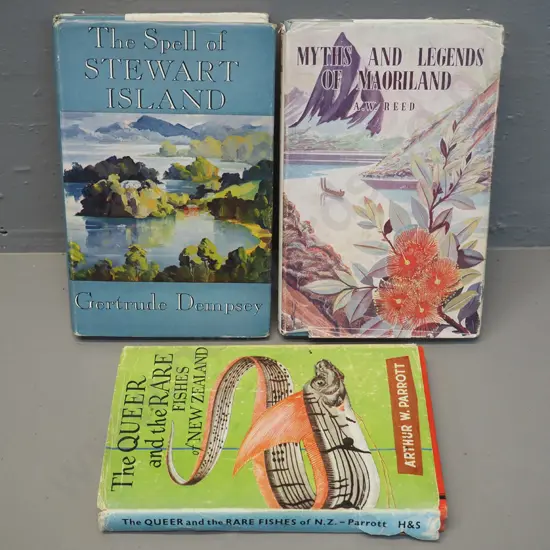 3 NZ books - The Queer and Rare Fishes of New Zealand, 1960, AW Parrot, Stewart Island, Myths & Legends of Maoriland