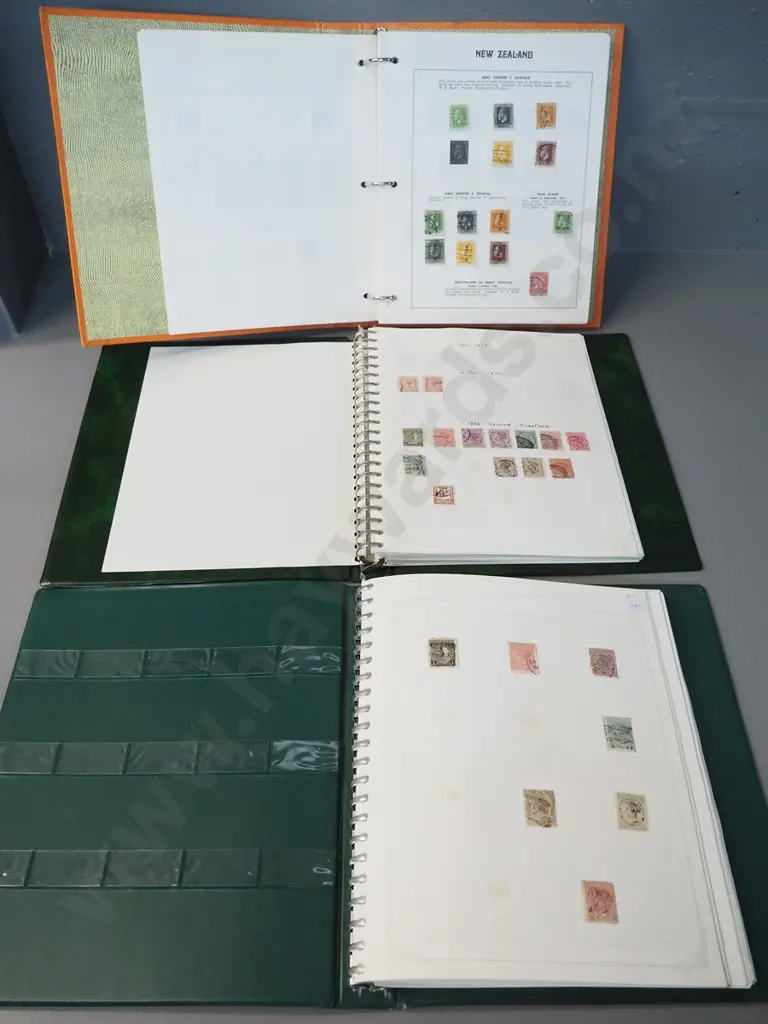 3 stamp albums with many New Zealand vintage stamps, 1874 thru 1990s, including some Cook Islands, Fiji, etc. Image 1++