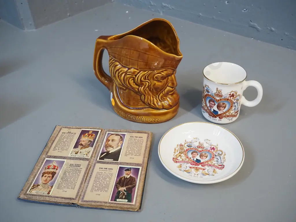 Crown Lynn McCallum jug No. 2119, Charles & Diana wedding mug and dish, George V jubilee cigarette cards in booklet Image 1++