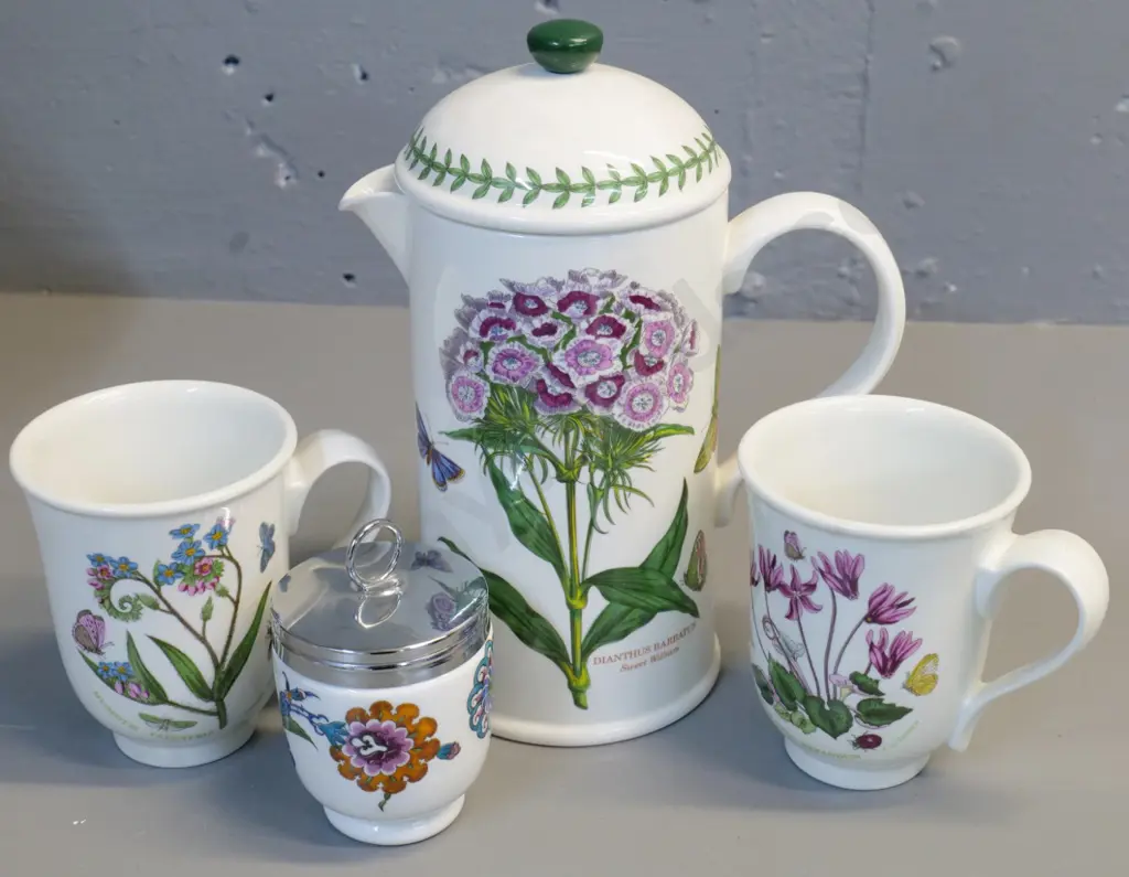 3 pieces Portmeirion Botanic Gardens - coffee pot and 2 mugs - and a Royal Worcester egg coddler Image 1++