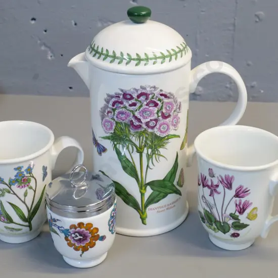 3 pieces Portmeirion Botanic Gardens - coffee pot and 2 mugs - and a Royal Worcester egg coddler