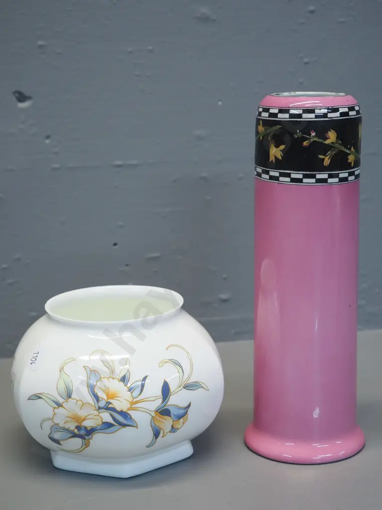 2 vases - Wilkinson's Royal Staffordshire pink with floral band (wear at rim) H-230 and Aynsley 'Just Orchids' pattern Image 1++