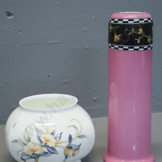 2 vases - Wilkinson's Royal Staffordshire pink with floral band (wear at rim) H-230 and Aynsley 'Just Orchids' pattern