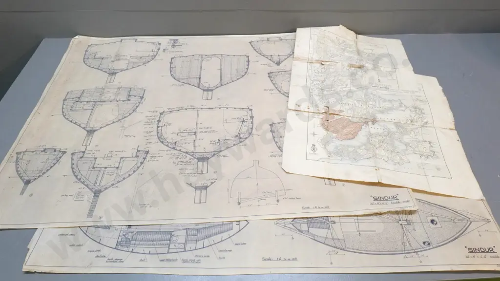 2 large sheets - plans for 'Syndur' double ender yacht H760 W1040 and a tattered vintage Waikouaiti & otago harbour map Image 1++