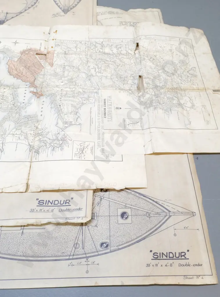 2 large sheets - plans for 'Syndur' double ender yacht H760 W1040 and a tattered vintage Waikouaiti & otago harbour map Image 1++