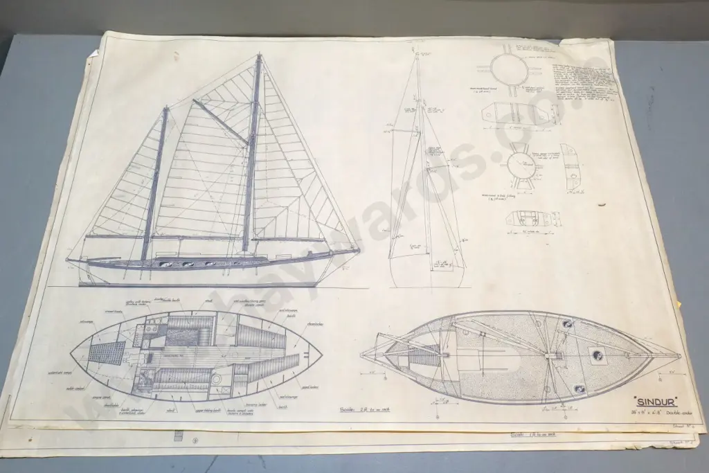 2 large sheets - plans for 'Syndur' double ender yacht H760 W1040 and a tattered vintage Waikouaiti & otago harbour map Image 1++