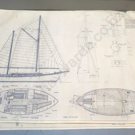 2 large sheets - plans for 'Syndur' double ender yacht H760 W1040 and a tattered vintage Waikouaiti & otago harbour map
