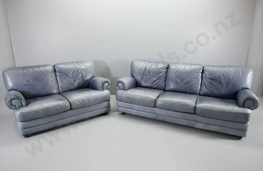 blue leather club-style 3-seater and 2-seater settees - fading & marks, needs cleaning - 3 seater H920 L2200 D960 is Image 1++