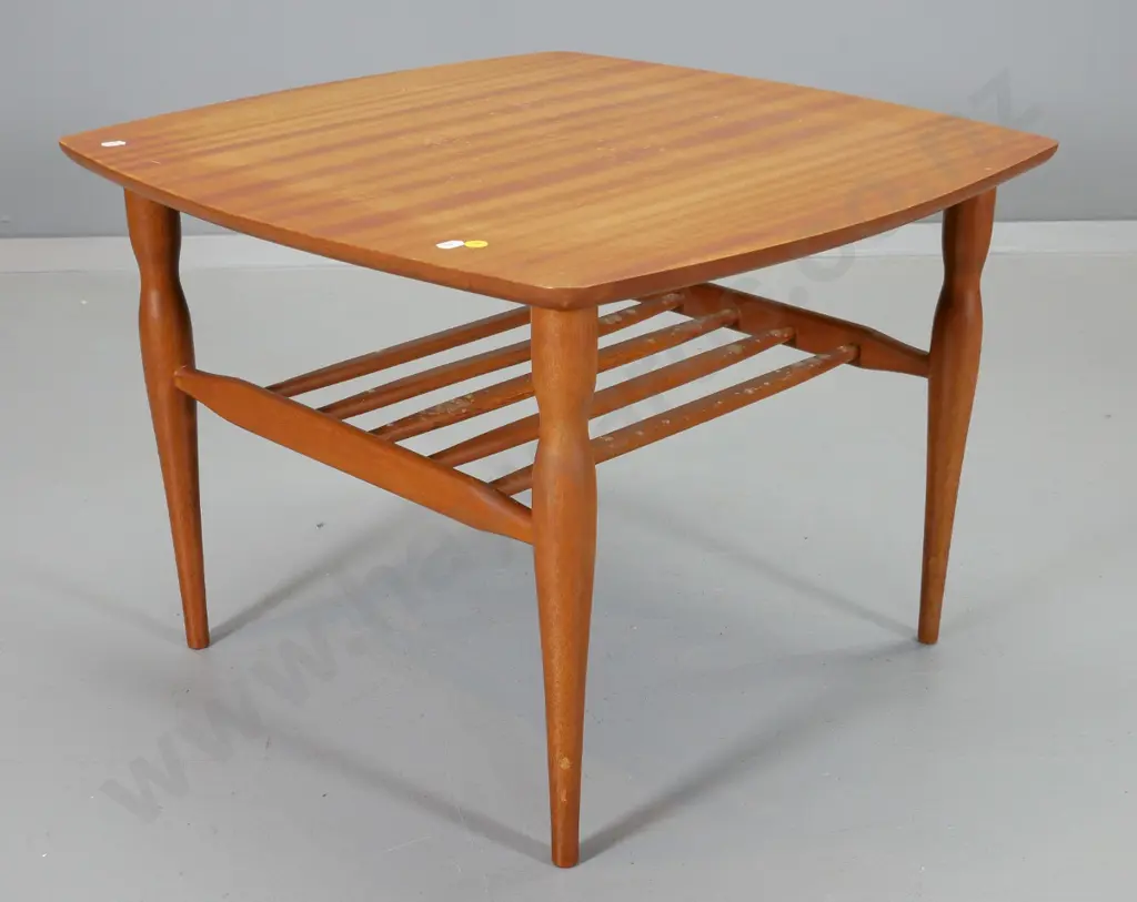 mid-century mahogany side table with magazine rack shelf - some fading to polish H-430 W600 D600 Image 1++