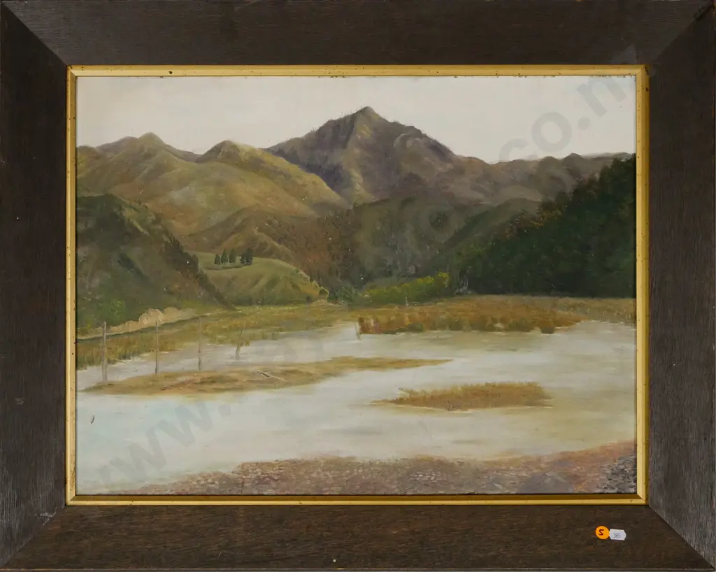 illegible signature 1917 - framed oil - river and mountain scene (slight marks) H-440 W-580 Image 1++