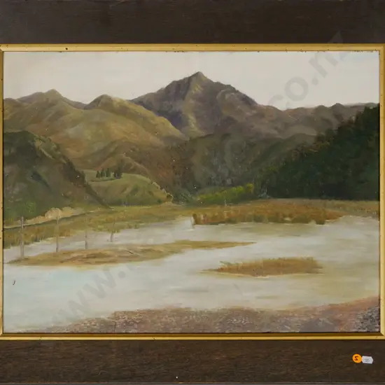 illegible signature 1917 - framed oil - river and mountain scene (slight marks) H-440 W-580