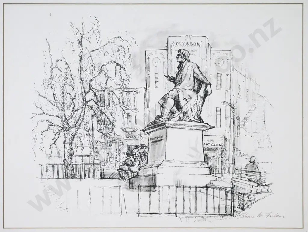 mounted and signed Shona McFarlane print -  Robert Burns statue, The Octagon. H-380 W-500 Image 1++