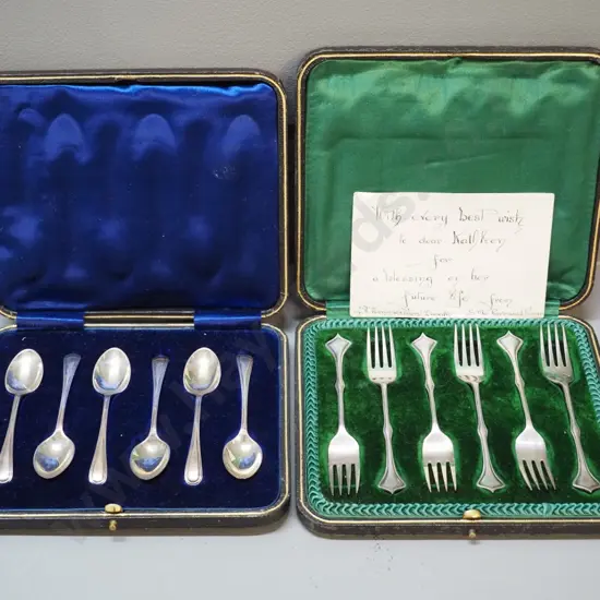 2 sets cased English plated cutlery - 6 cake forks and 6 teapoons