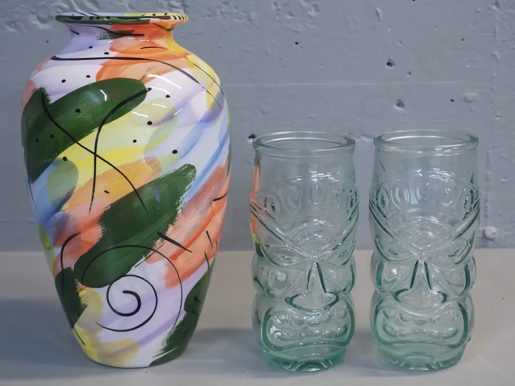 Christine Harris New Zealand hand painted pottery vase H270 and 2 Maori motif moulded glass jars Image 1++