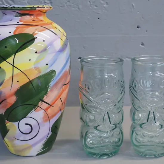 Christine Harris New Zealand hand painted pottery vase H270 and 2 Maori motif moulded glass jars