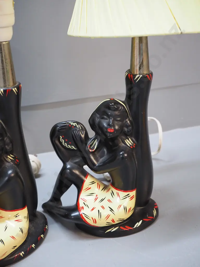 pair of mid-century Barsony figural table lamps with yellow waisted shades - one shade needs repair - H570 w/shade Image 1++