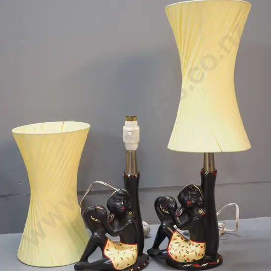 pair of mid-century Barsony figural table lamps with yellow waisted shades - one shade needs repair - H570 w/shade