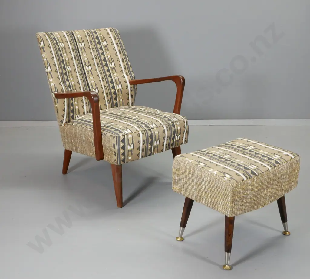 retro mahogany framed lounge chair & matching foot-stool in geometric tapestry fabric - one loose arm H830 W610 D620 Image 1++