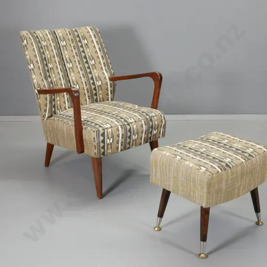 retro mahogany framed lounge chair & matching foot-stool in geometric tapestry fabric - one loose arm H830 W610 D620