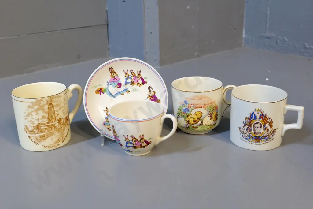 Crown Lynn bunny cup & saucer, Lord Nelson child's mug, King Edward VIII coronation & NZ Centennial exhibition mugs Image 1++