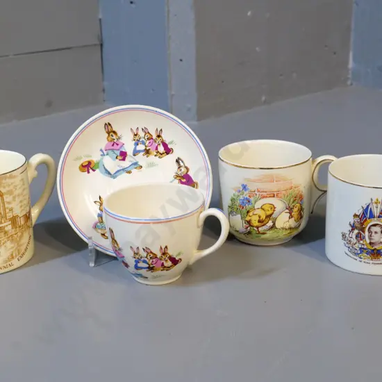 Crown Lynn bunny cup & saucer, Lord Nelson child's mug, King Edward VIII coronation & NZ Centennial exhibition mugs