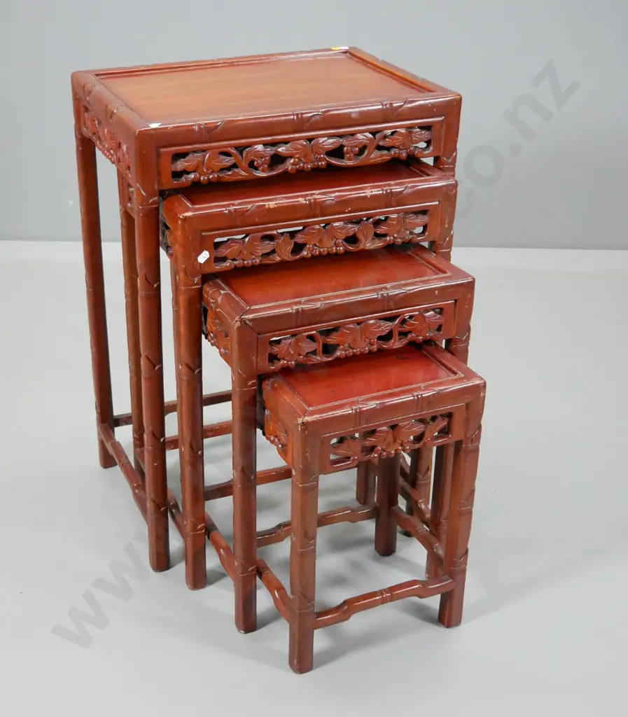 set of 4 Chinese nesting tables w/ carved rails - largest is H-710 W-490 D-360 Image 1++